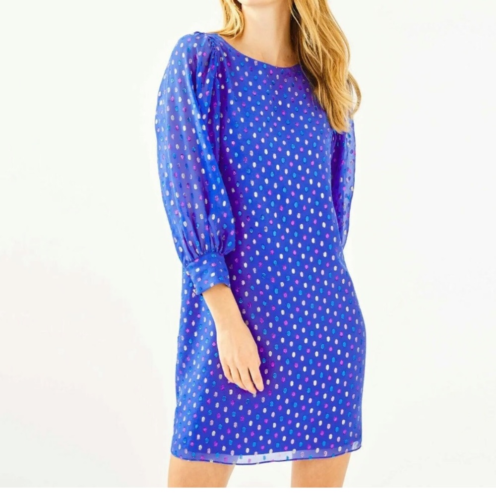 Lilly Pulitzer Maisel silk iris, blue Morrocan metallic clip size 6NWT